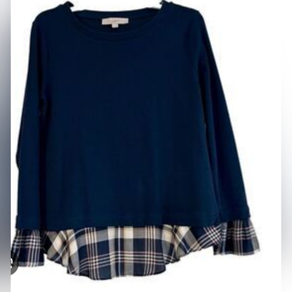 LOFT Dark Blue Top with Plaid Detail